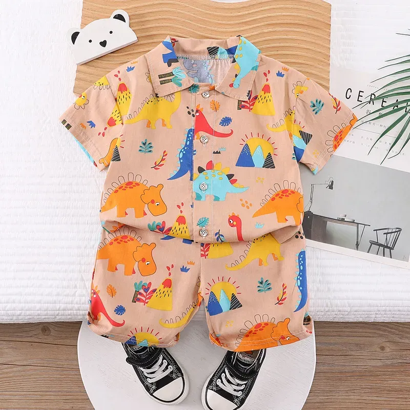 Wholesale Kids Baby Boys Casual Cute Cartoon Print Short Sleeve Lapel Shirt Shorts Sets
