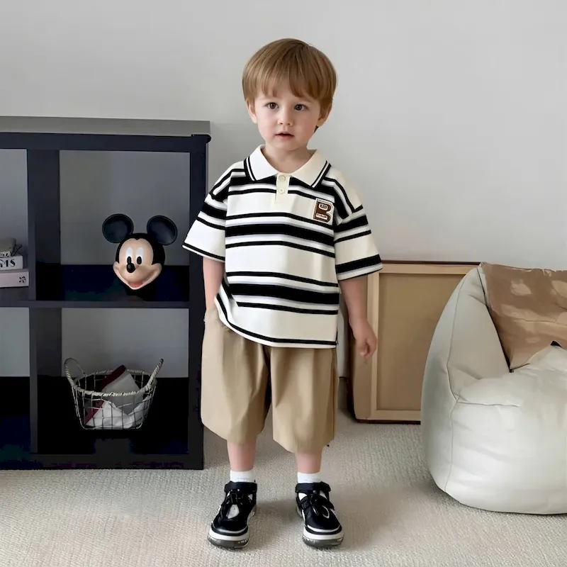 Wholesale Boy Fashion Casual Lapel Stripe Short-Sleeve T-Shirt Loose Shorts Two-Piece Set