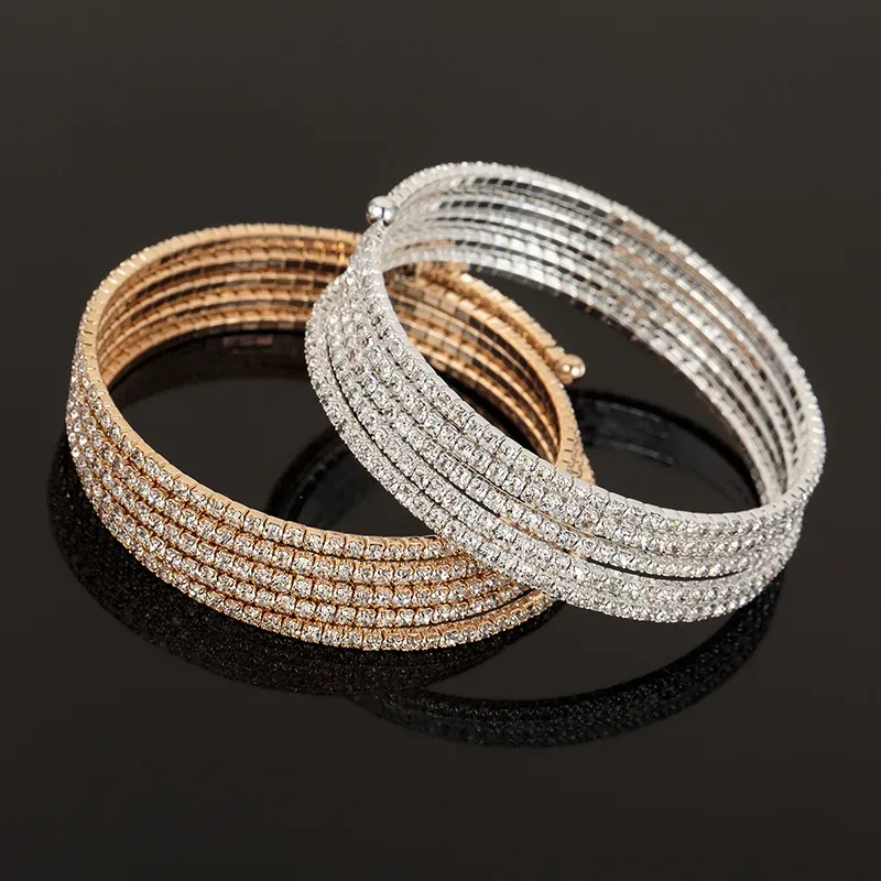 Wholesale Women Fashion Simple Multi Layer Steel Wire Elastic Rhinestone Bracelet