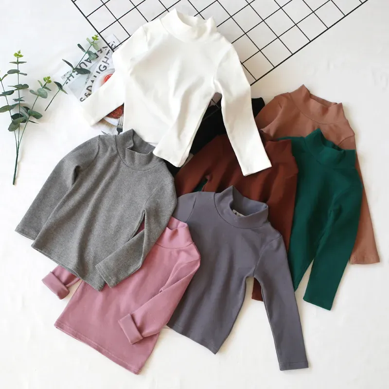 Wholesale Kids Basic Half High Neck Long Sleeve Solid Color T-shirt